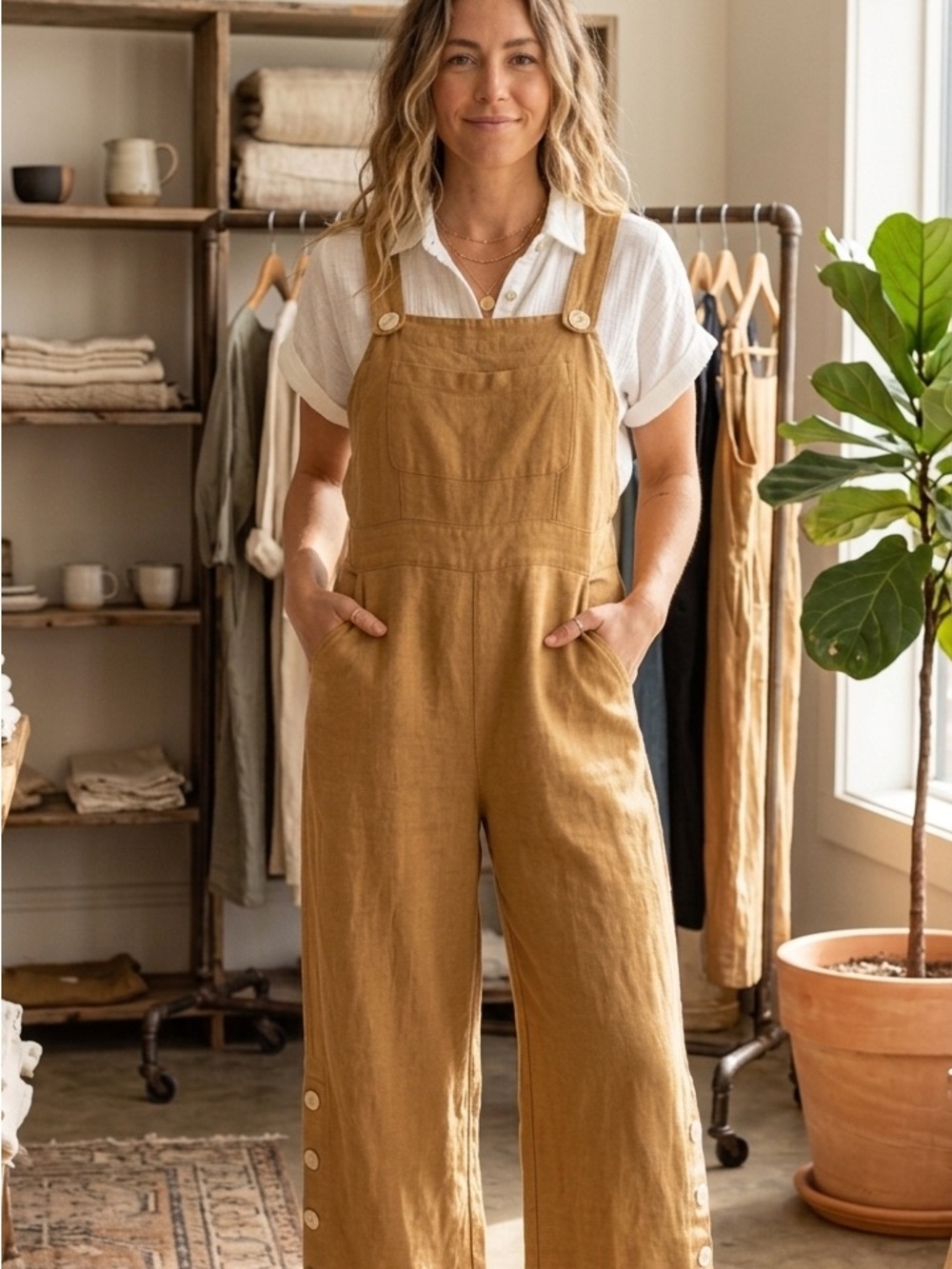 Paper Crane Linen Overalls in Tan